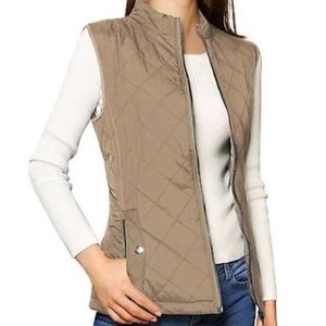 Allegra K Womens Zip Up Stand Collar Vest Khaki XL